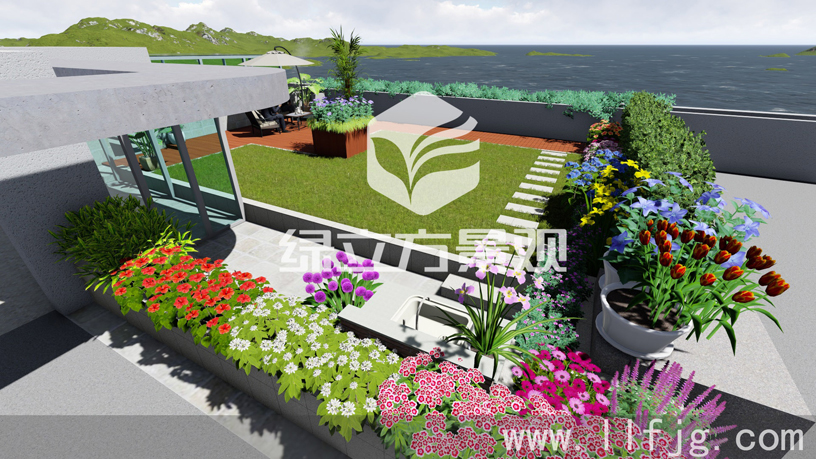 苏州园区半月湾屋顶花园设计案例效果图，庭院设计，屋顶花园设计，露台花园设计，空中花园设计，露台花园景观设计，屋顶花园施工